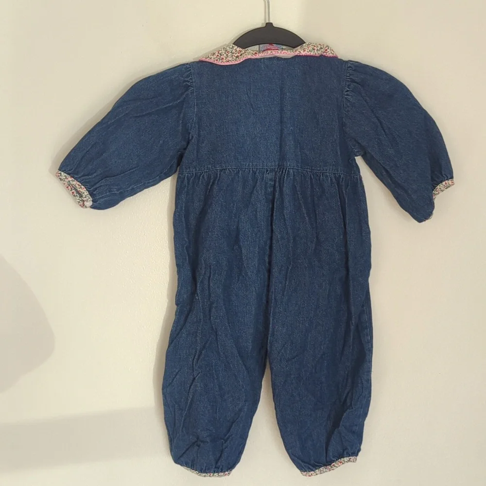 🌸Vintage‎ Hush Puppies Denim Floral Embroidered Cat One Piece Outfit Size 18 Mo
